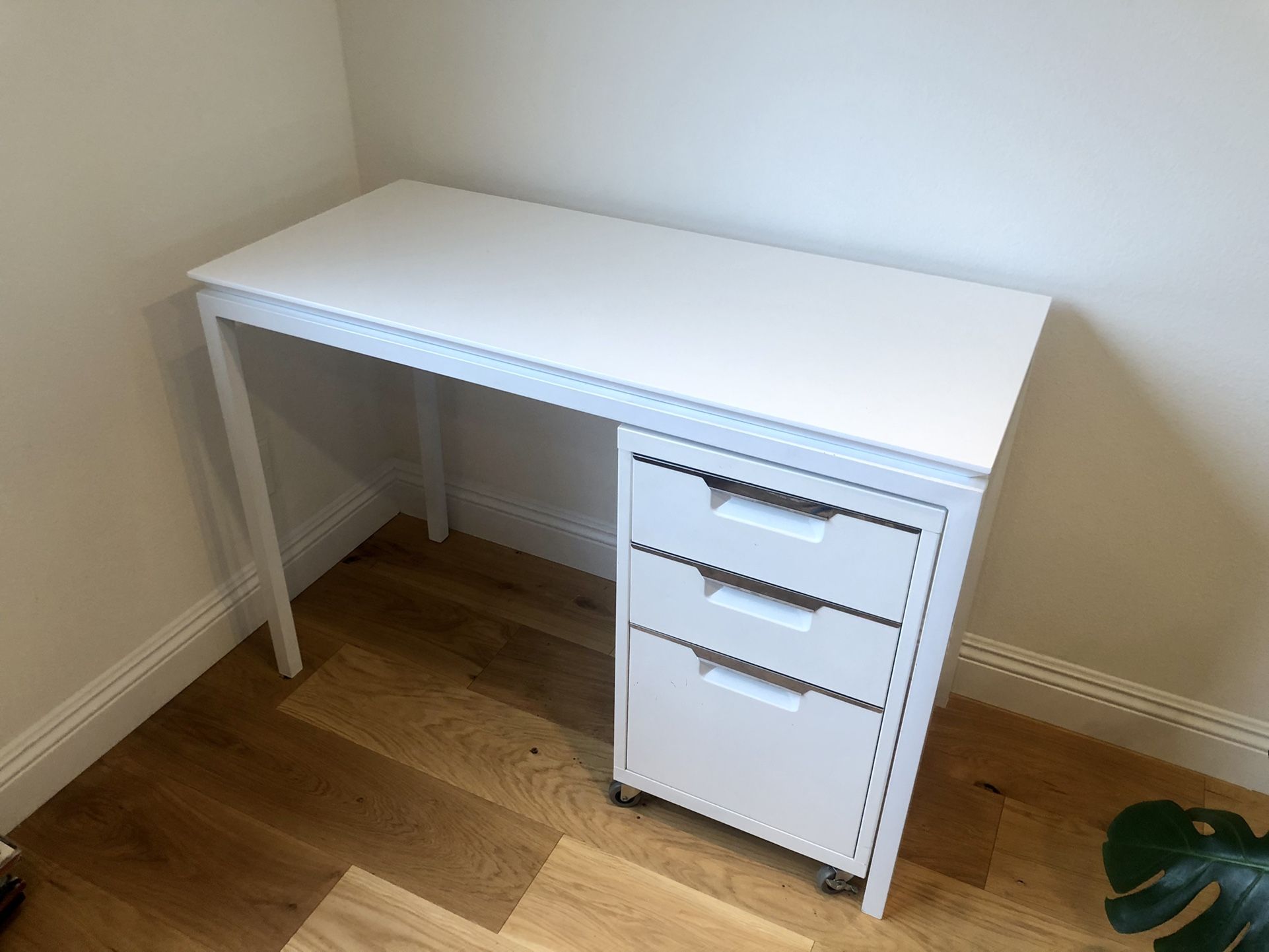 White Lacquer Desk And CB2 Filing Cabinet