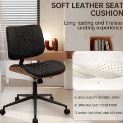 Armless Home Office Chair, Desk Chair with Wheels, Adjustable Height Reading Chair, Leather Mid Back & Swivel Computer Chair, Modern Walnut Chair with