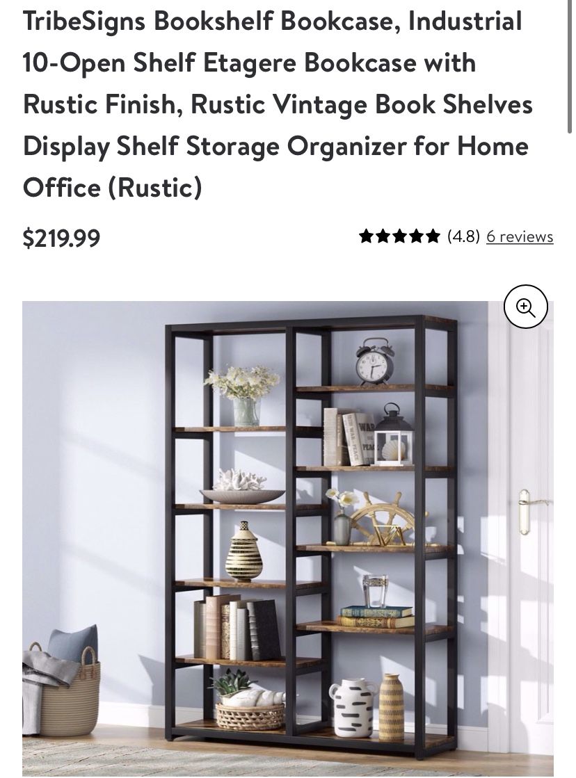 (NEW) Bookshelf Bookcase, Industrial 10-Open Shelf Etagere Bookcase with Rustic Finish, Rustic Vintage Book Shelves Display Shelf Storage Organizer fo