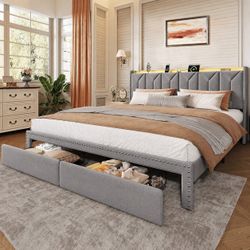 WLIVE King Size Upholstered Bed Frame with 2 Drawers, Storage Headboard Platform Bed with Charging Station and LED Light, Sturdy Metal & Wooden Slats 