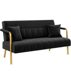 56.5" W Modern Sofa Small Sofa Luxurious Velvet Fabric Couch with Gold-Tone Metal Arms and Legs