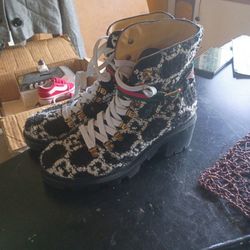 Gucci Tweed Monogram Lace up Women's Boots 