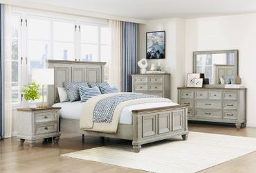 QUEEN  SZ BEDROOM SET ANTIQUE GREY &  BROWN FINISH WOOD  4PC(bed frame, dresser, Nightstand  & mirror) CHEST AVAILABLE ADDITIONAL   COST