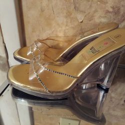 Clear And Gold Wedge Heel Slides Size 8
