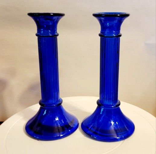 Pair Vintage Cobalt Blue Glass Candlesticks Vase Candle Holders