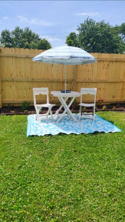 Folding White Patio Set with Table, 2 Chairs, Outdoor Rug and Umbrella