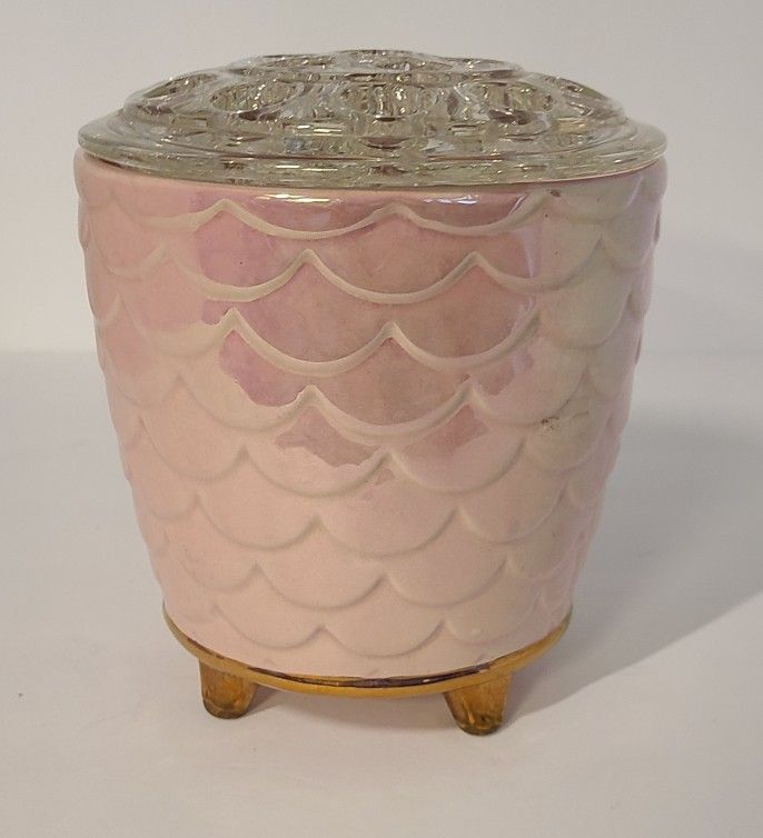 Vintage Pink Vase With Flower Frog Lid