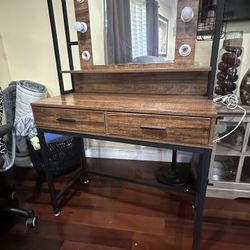 Beautiful Brown Vanity Desk with Lights, Makeup Vanity with Power light Table Set with 2 drawers 