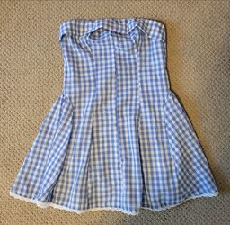 Blue Gingham Strapless Mini Dress