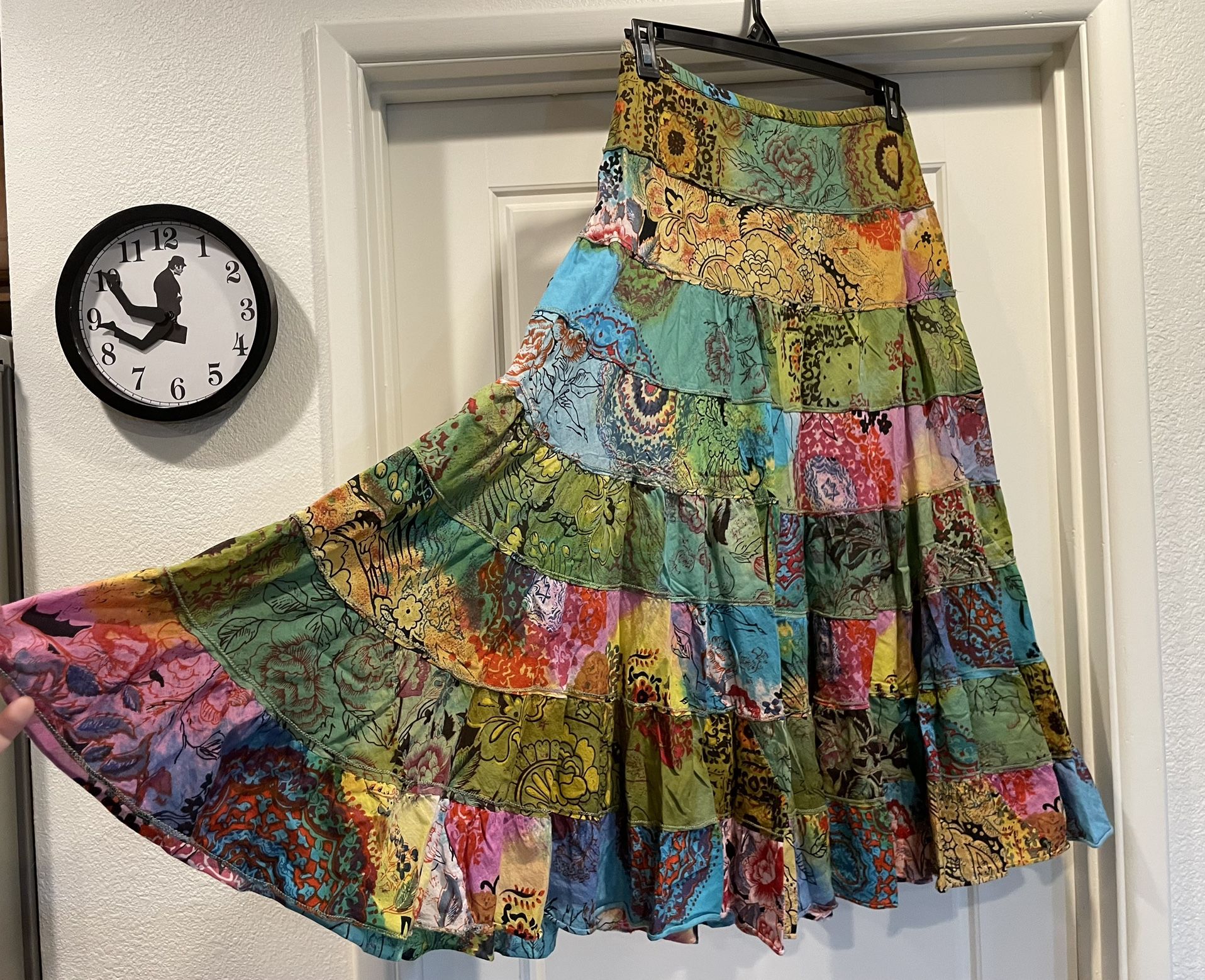 Bright fun colorful floral tiered layered lightweight cotton boho long gypsy peasant skirt size medium