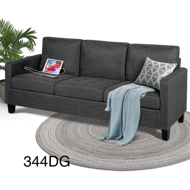 72" W 3 Seater Couch Sofa with USB Ports, Grey Comfy Couches for Small Spaces, Mid Century Modern Gray Couch for Living Room Apartment Bedroom (Dark
