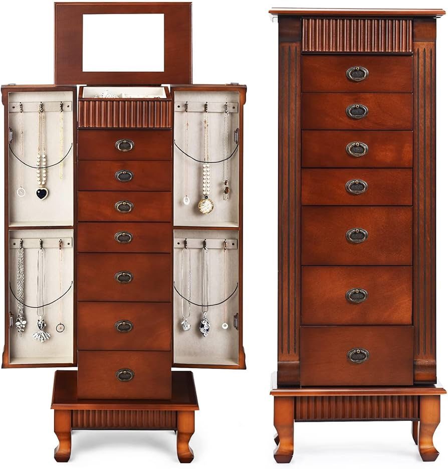 Jewelry armoire, wooden jewelry storage chest with 7 drawers, 2 side doors, flip-up mirror and divided organizer on top, freestanding jewelry cabinet
