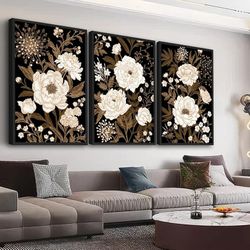 Large Framed Flower Wall Art - White Blossom Brown Leaves Wall Decor 16"x24" Set of 3 Bloomy Floral Painting Prints Rustic Retro Botanical Canvas Pict