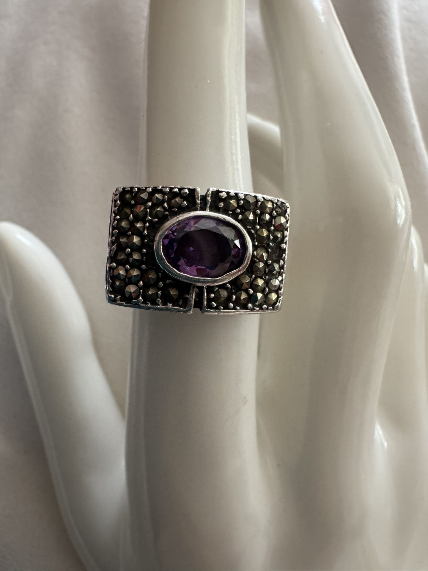 Vintage Heavy Solid Sterling, Marcasite & Amethyst Ring, size 6