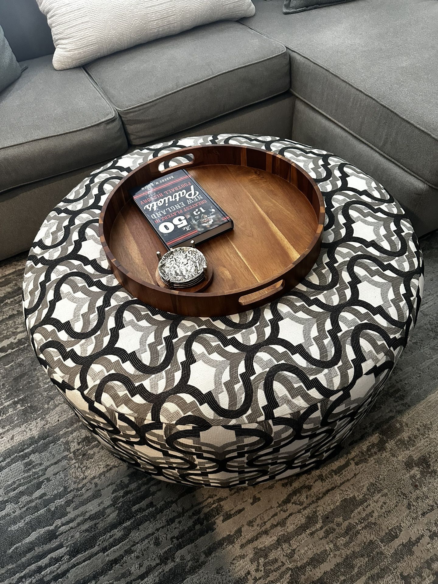Fabric Cocktail Ottoman w/ Bamboo Tray