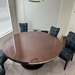 Vintage Round Dining Table – Solid Wood & Brass Trim