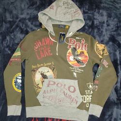 POLO RALPH LAUREN OLIVE SPORTSMAN ALL OVER GRAPHIC HOODIE SWEATSHIRT MEN SIZE XLT