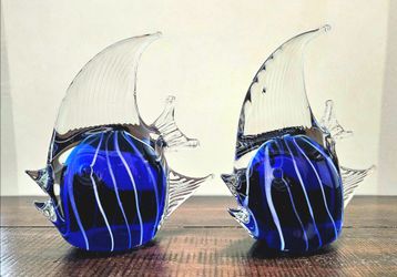 Vintage Pier 1 Imports Cobalt Blue Art Glass Angelfish Figurines - Pair of 2