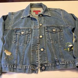 Women Medium Banana Republic Washed Denim Jean Jacket Embroidered Dragon Panda Bird Asian Motif