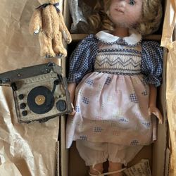 Porcelain Doll With Teddy Bear And Music Box