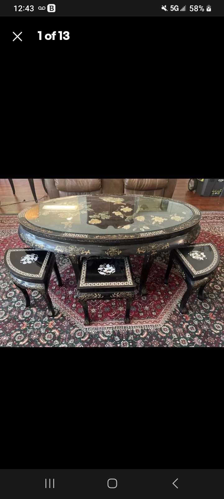 Vintage Black Lacquer Mother Of Pearl Inlaid Tea Table w/6 Matching Stools