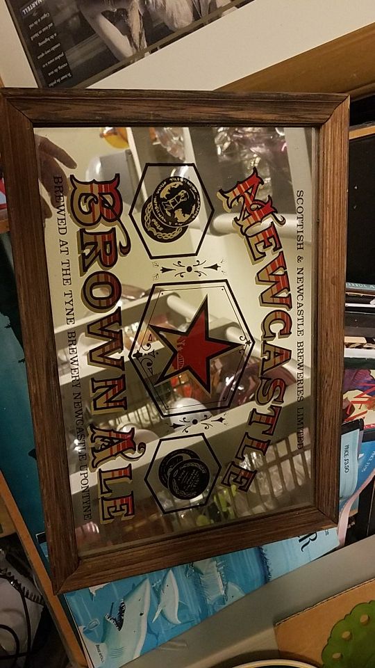 Rare bar mirror small Newcastle Brown Ale wooden framed