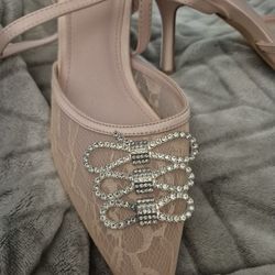 Coutgo Rhinestone Pink Satin And Lace Heels