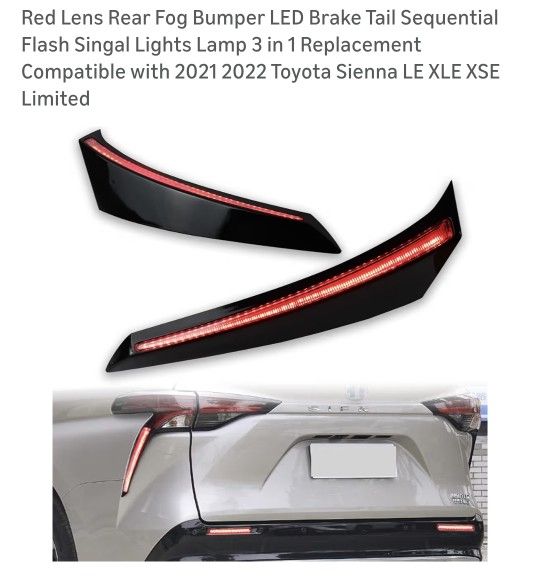 Red Lens Rear Fog Bumper LED Brake Tail Sequential Flash Singal Lights Lamp 3 in 1 Replacement Compatible with 2021 2022 Toyota Sienna LE XLE XSE Limi