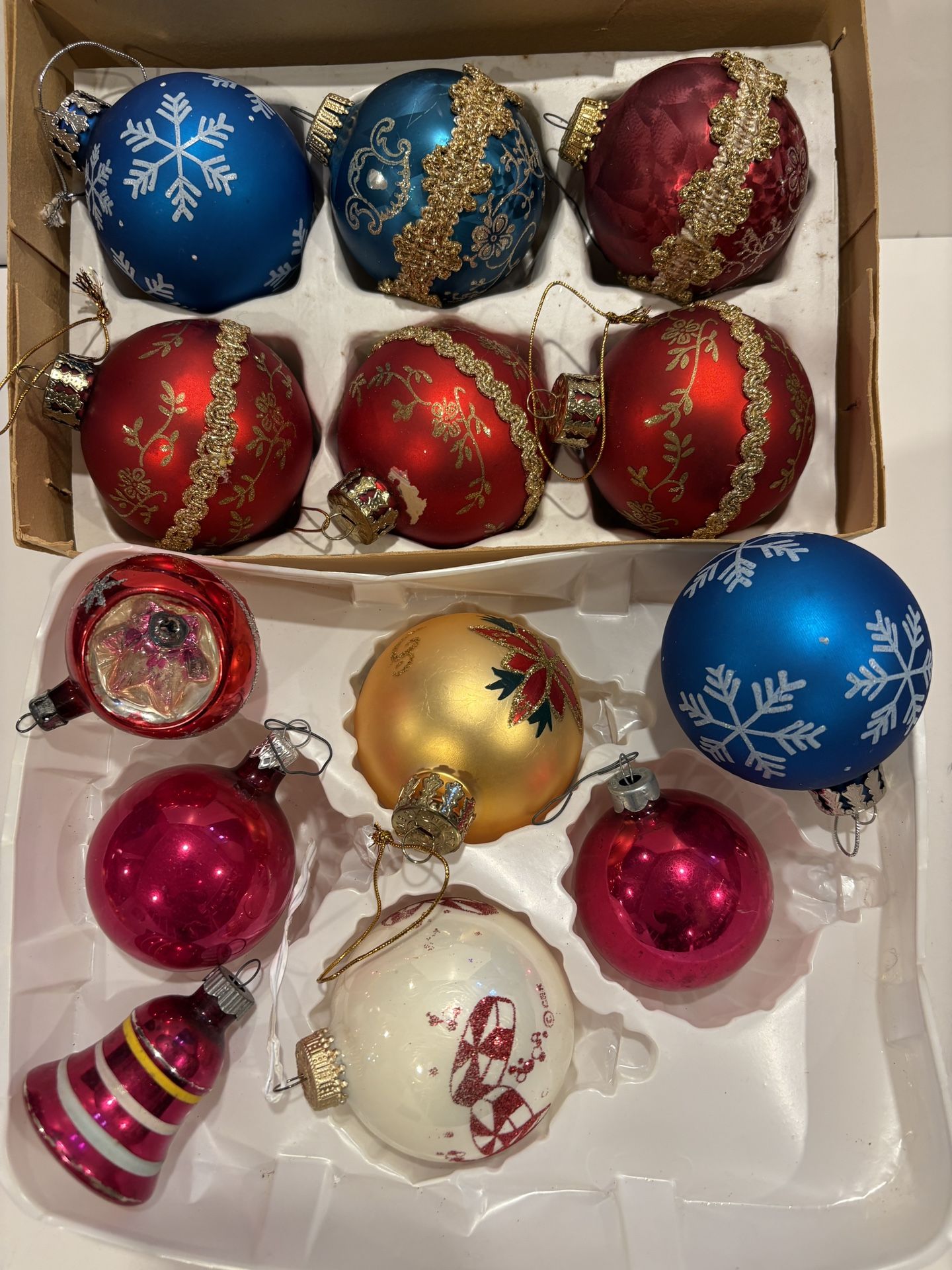 13 Vintage Glass Christmas Ornaments Bell Hand Painted