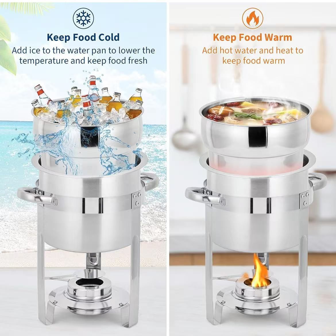 11QT - Set of 2 round stainless steel soup warmers with pot, lids with notches and fuel holders $80