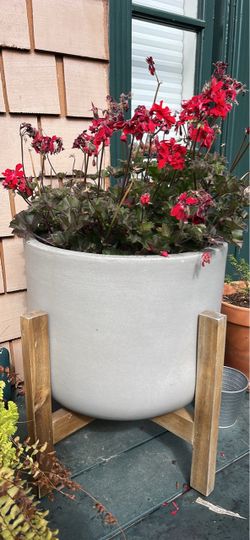 Large White Planter with Wood Stand