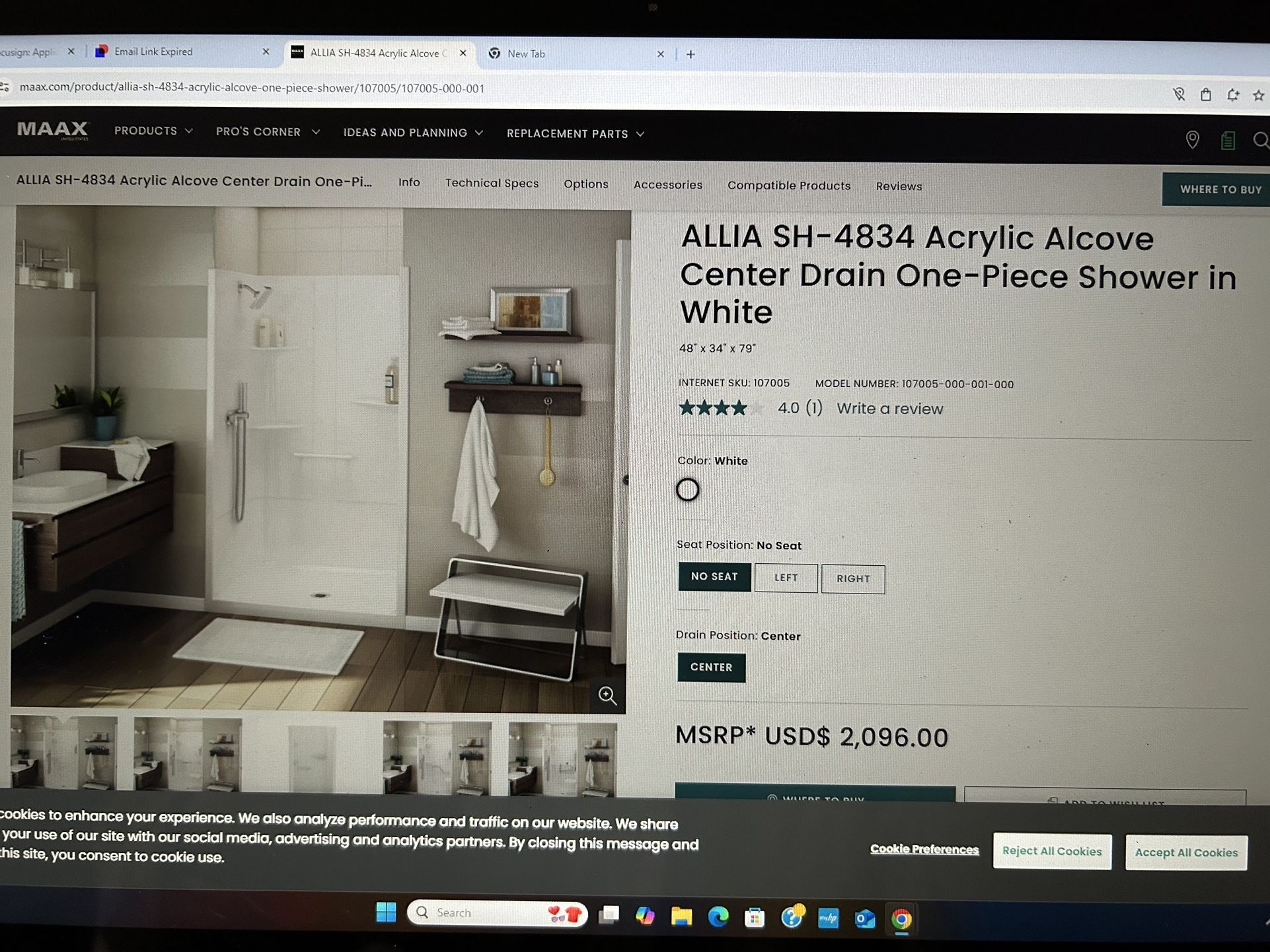 MAAX  ALLIA 4834. Acrylic Alcove Shower 