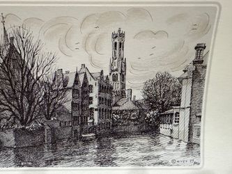 Brugge Rozenhoedkaai Print – Bruges Canal & Belfry, Vintage 1979 Ink Drawing, Unframed