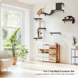 Wood Cat Wall Shelves Climbing Wall with Scratching Post Bridge New Condition in Box