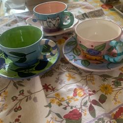 Set Of 3 Chaleur Tea Cups/Saucers, Whimsical Cat, Tulip, Flower Designs—Teacups, Coffee 