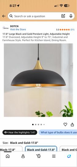 17.8" Large Black and Gold Pendant Light, Adjustable Height 17.8" Oversized, Adjustable Height 9" to 75", Industrial and Farmhouse Style. Perfect for 