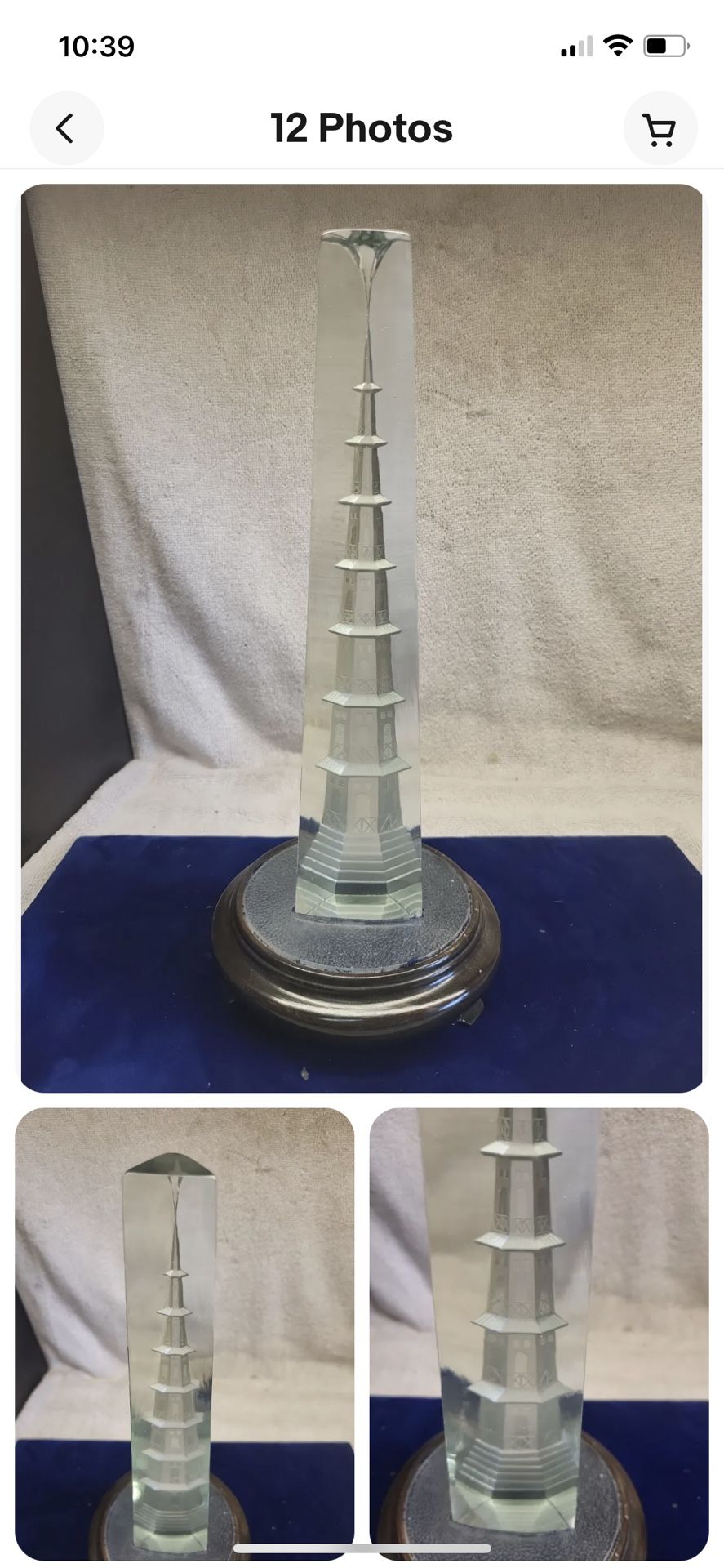 Vtg Japanese Hand Cut Obelisk Crystal Pagoda Reverse Glass 10.25" w/ stand (EFO)