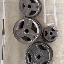 Barbell ezbar weights plates bench w leg extension weight storage