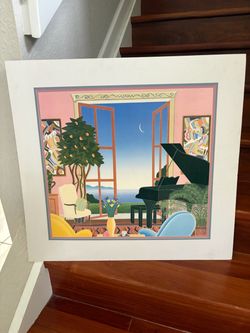 Interior Scene Art Print with Piano and Ocean View