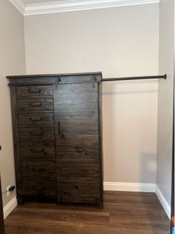 Rustic barn door wardrobe dresser w/hanging rod