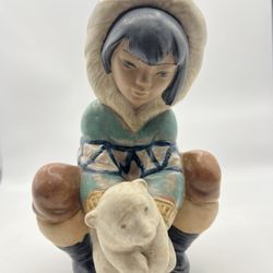 1991 Lladro  "Poor Little Bear" #2232 - 8 1/4" Eskimo Girl - Gres - Juan Huerta 