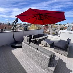 Complete 5-Piece Outdoor Wicker Lounge Set + 11ft Red Cantilever Umbrella