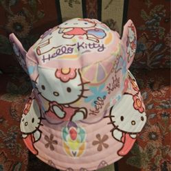 HELLO KITTY FABRIC MATERIAL REVERSABLE BUCKET HAT WITH EARS YOUTH SIZE APROX 7"