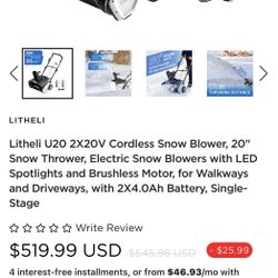 Litheli 2X20V Cordless, Electric 20” Snow Blower