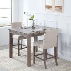 Counter Height 3 Pieces Farmhouse Wood Dining Table and Tufted Chairs Set, with Nailhead Accents, Beige