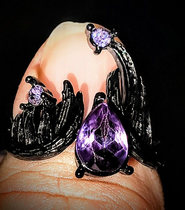 Dark Silver Angel Wings Amethyst Ring