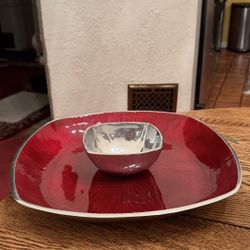 SIMPLY DESIGNZ ORGANIC ALUMINUM & ENAMEL RUBY RED CHIP & DIP BOWL 14” SQUARE