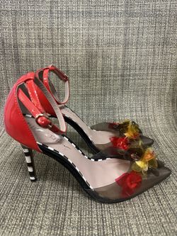 -Betsy Johnson Savvie red and black ankle strap pumps 