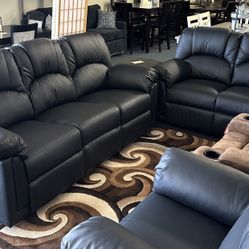 2 Pc Black Sofa And Loveseat Bonded Leather Recliner 