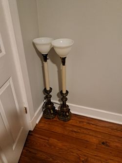 Vintage Hollywood Regency Burnished Brass Tall Candlestick  lamps